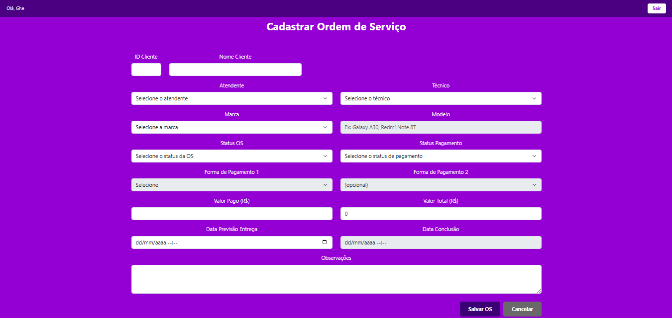 Tela Cadastro Completo Clientes - GS CELL