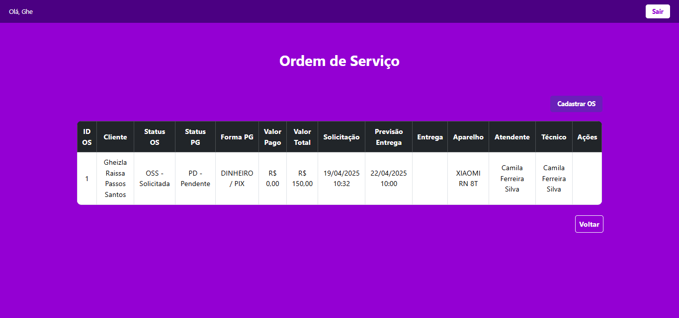 Tela Ordem de Serviço - GS CELL